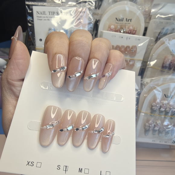 Chic Nude Press-On Nails with Silver Accents - Picture 3 of 9